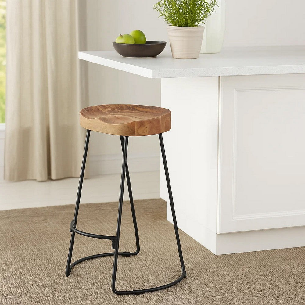 The Urban Port Ela 30 Inch Mango Wood Bar Stool, Saddle Seat, Iron Frame, Brown And Black