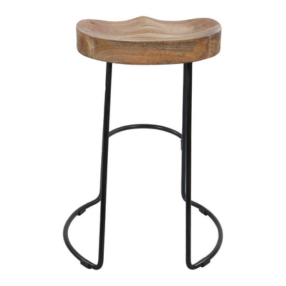 The Urban Port Ela 24 Inch Mango Wood Industrial Counter Height Stool, Saddle Seat, Iron, Set of 2, Brown, Black