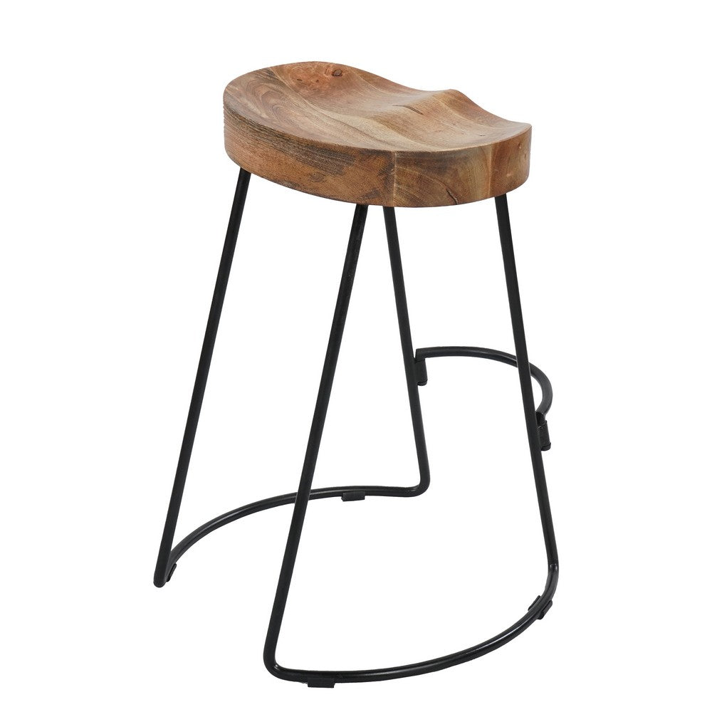 The Urban Port Ela 24 Inch Mango Wood Industrial Counter Height Stool, Saddle Seat, Iron, Set of 2, Brown, Black