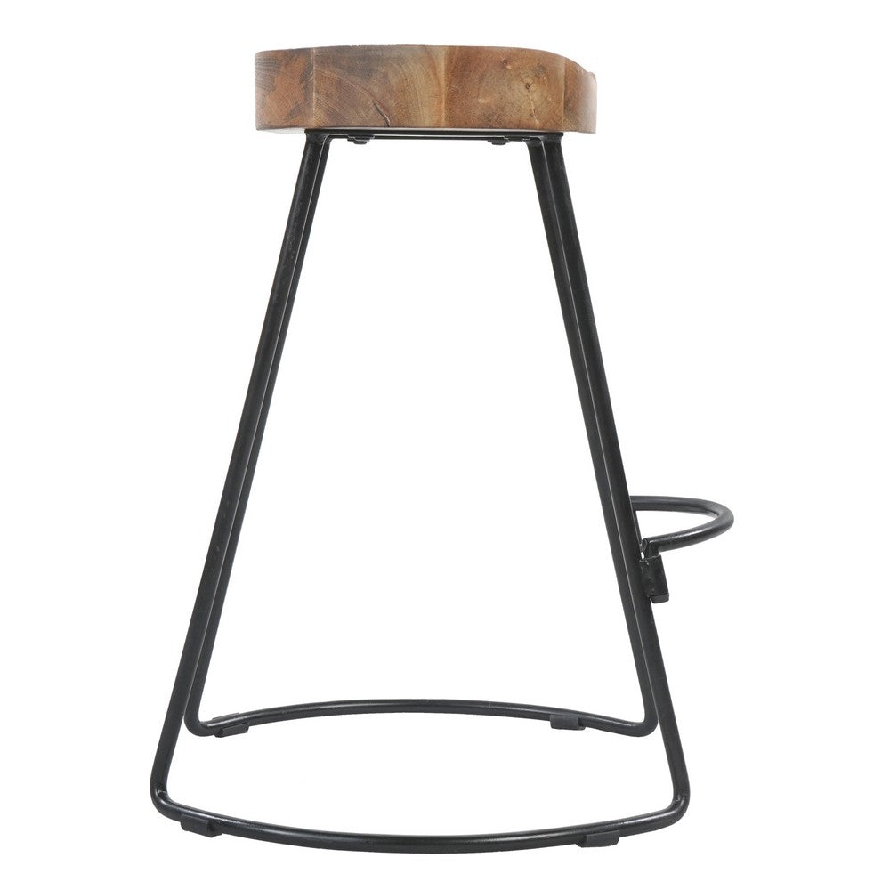 The Urban Port Ela 24 Inch Mango Wood Industrial Counter Height Stool, Saddle Seat, Iron, Set of 2, Brown, Black
