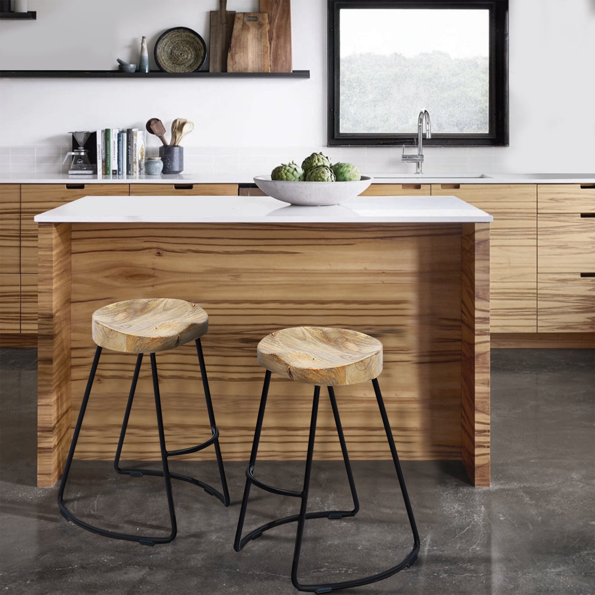 The Urban Port Ela 24 Inch Mango Wood Industrial Counter Height Stool, Saddle Seat, Iron, Set of 2, Brown, Black