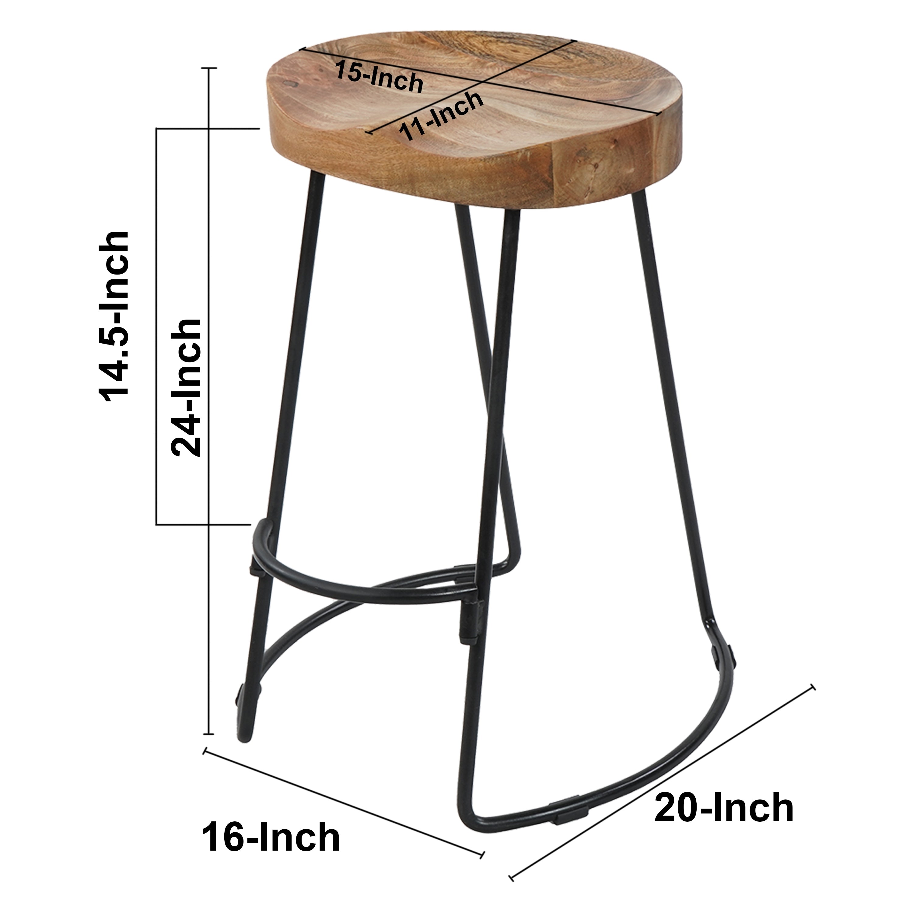 The Urban Port 24 Inch Handcrafted Backless Barstool, Natural Brown Mango Wood Thick Saddle Seat, Black Iron Base