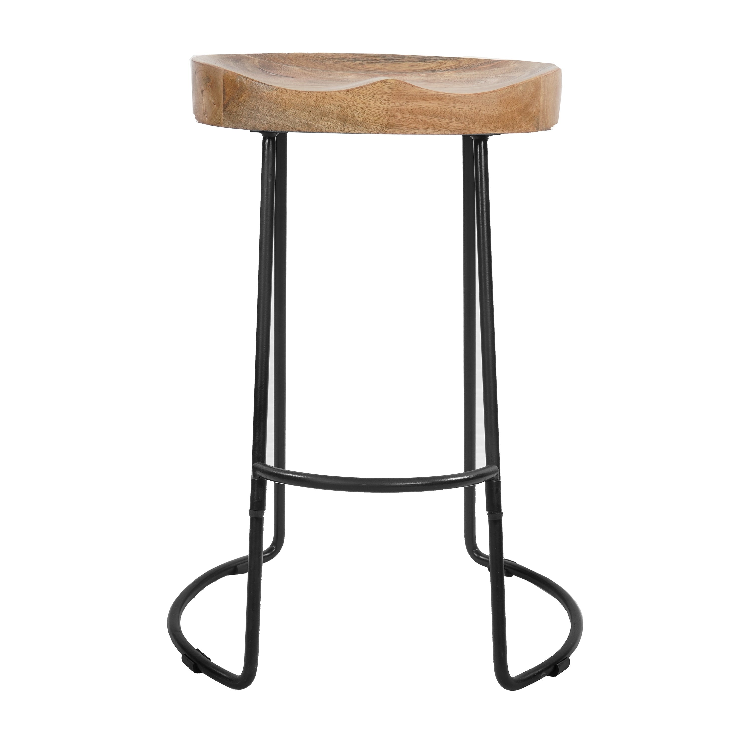 The Urban Port 24 Inch Handcrafted Backless Barstool, Natural Brown Mango Wood Thick Saddle Seat, Black Iron Base