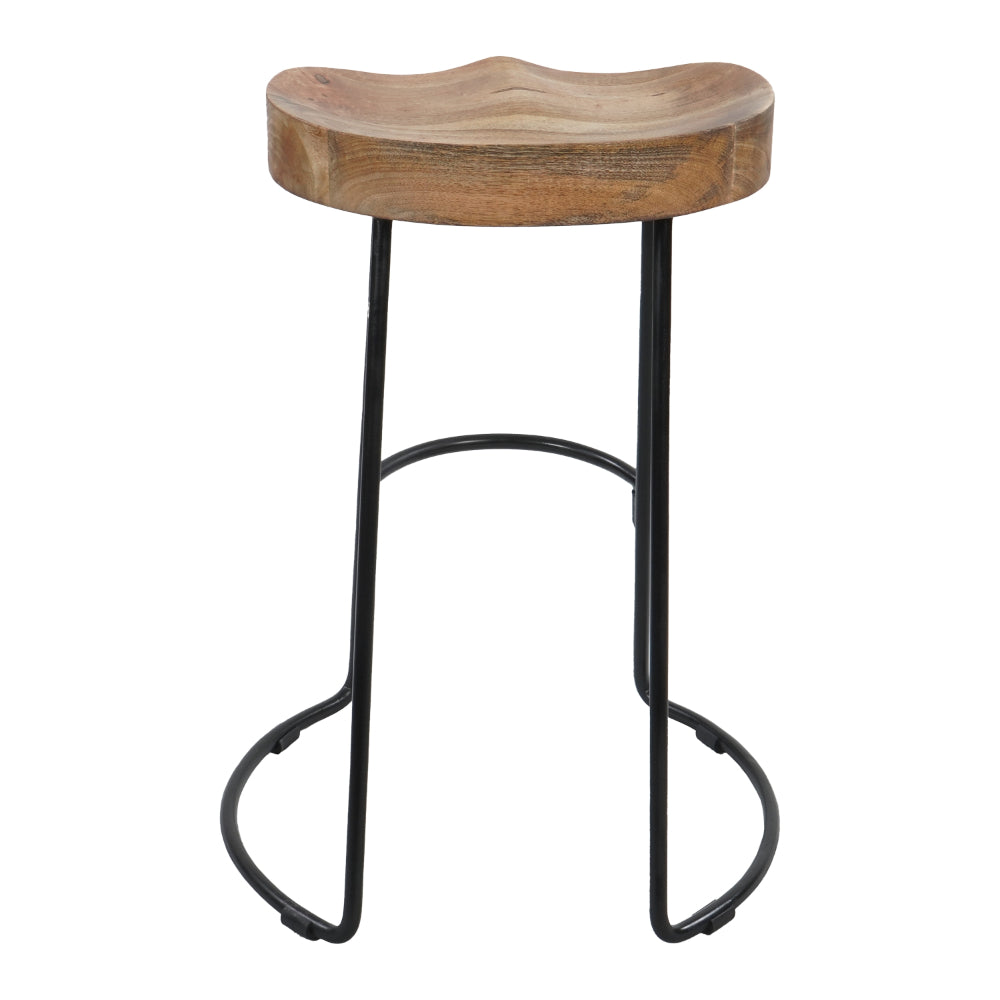 The Urban Port Ela 24 Inch Counter Height Stool, Mango Wood Saddle Seat, Iron Frame, Brown And Black