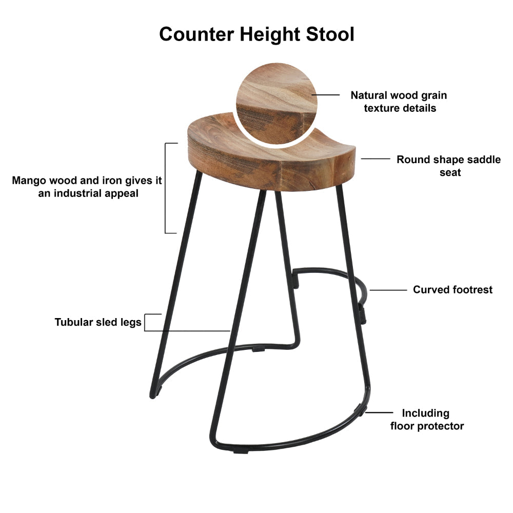 The Urban Port Ela 24 Inch Counter Height Stool, Mango Wood Saddle Seat, Iron Frame, Brown And Black