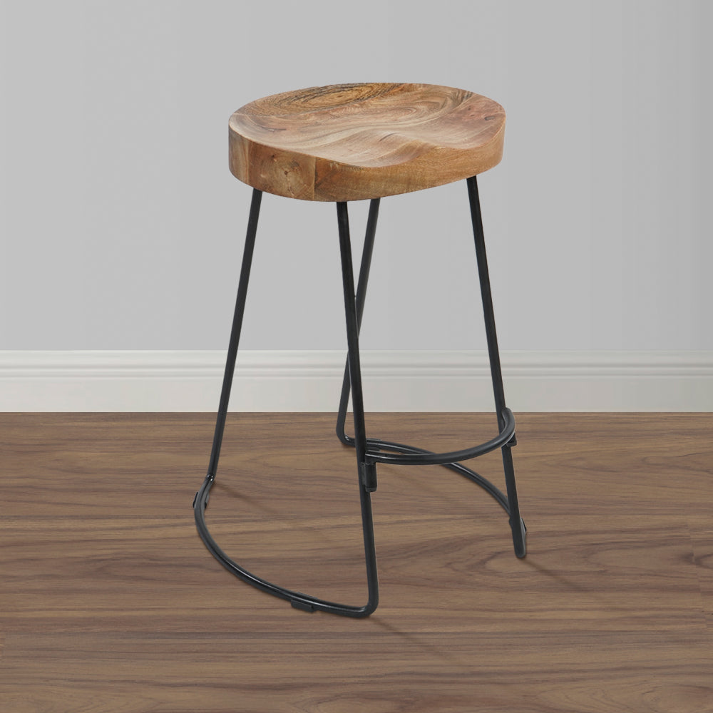 The Urban Port Ela 24 Inch Counter Height Stool, Mango Wood Saddle Seat, Iron Frame, Brown And Black