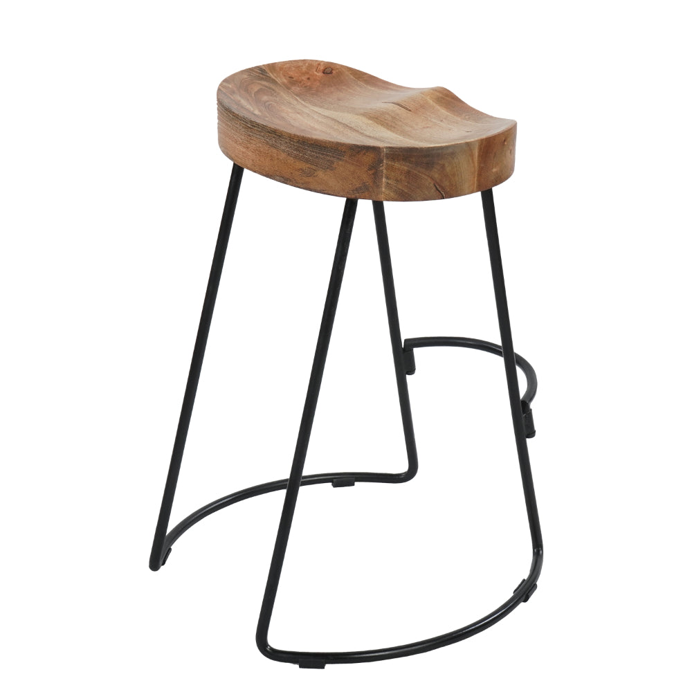 The Urban Port Ela 24 Inch Counter Height Stool, Mango Wood Saddle Seat, Iron Frame, Brown And Black