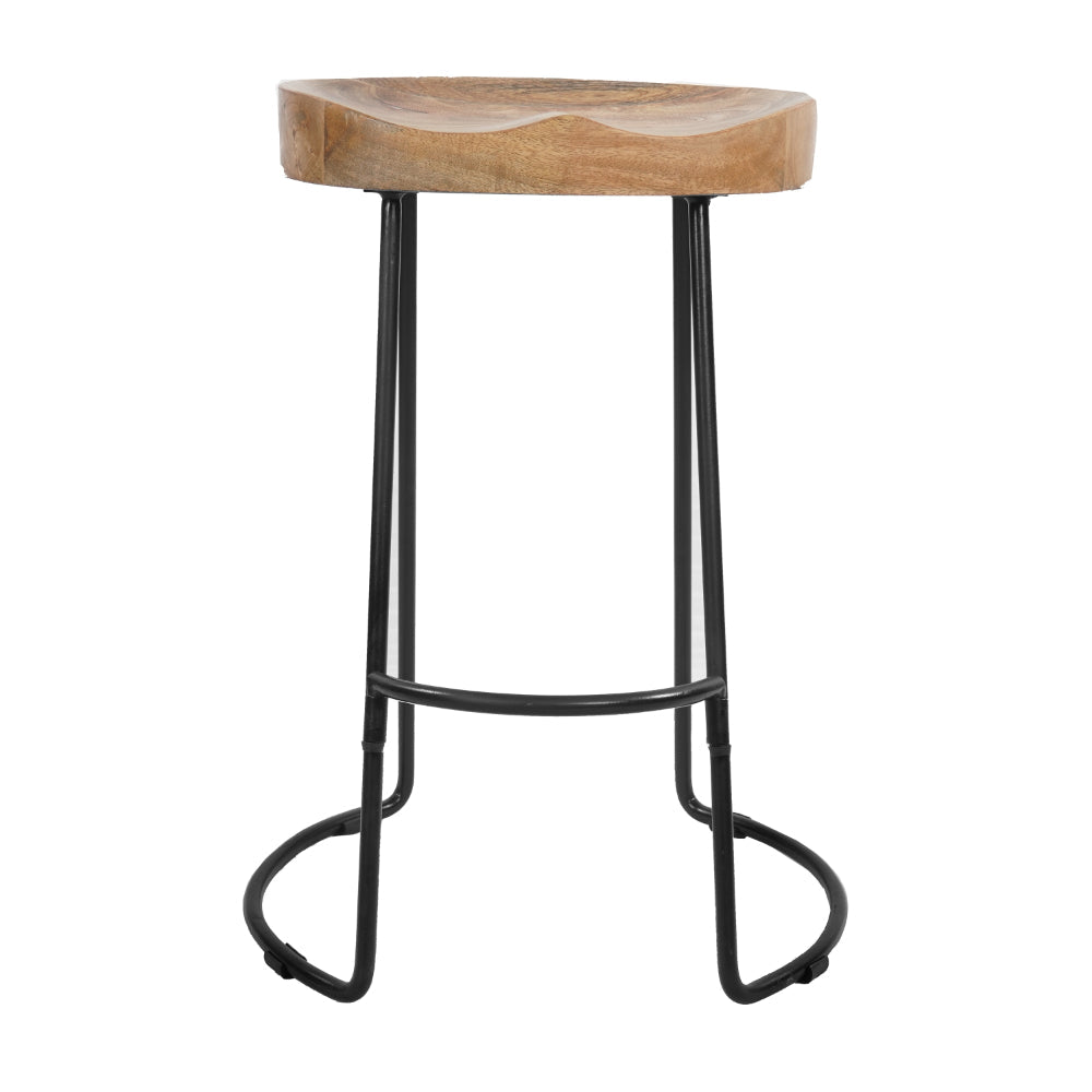 The Urban Port Ela 24 Inch Counter Height Stool, Mango Wood Saddle Seat, Iron Frame, Brown And Black