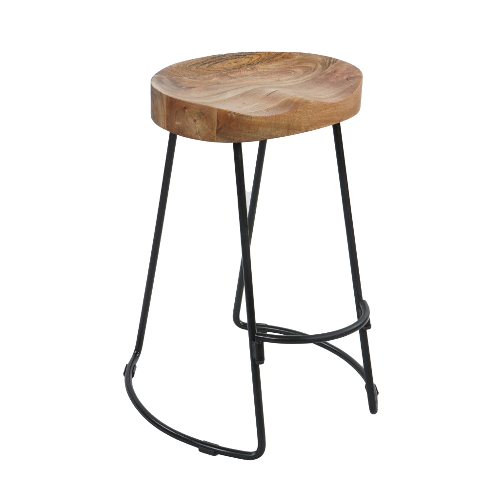 The Urban Port Ela 24 Inch Counter Height Stool, Mango Wood Saddle Seat, Iron Frame, Brown And Black