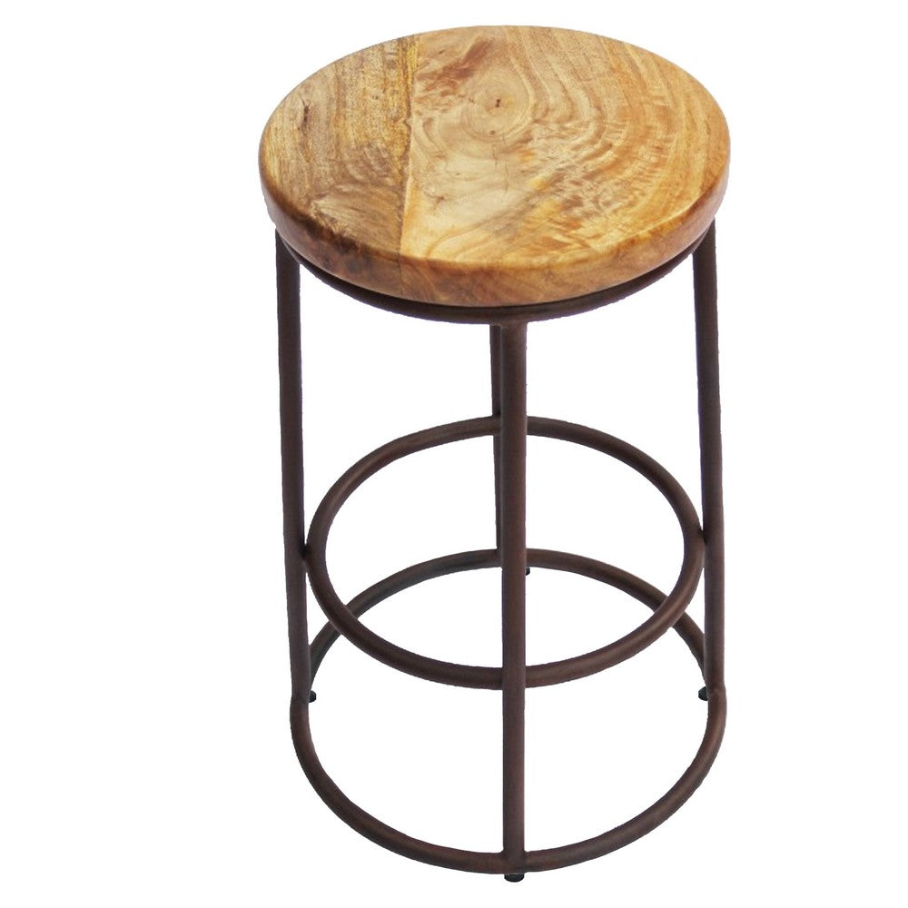 The Urban Port 24 Inch Mango Wood Counter Height Barstool With Iron Base, Brown And Black