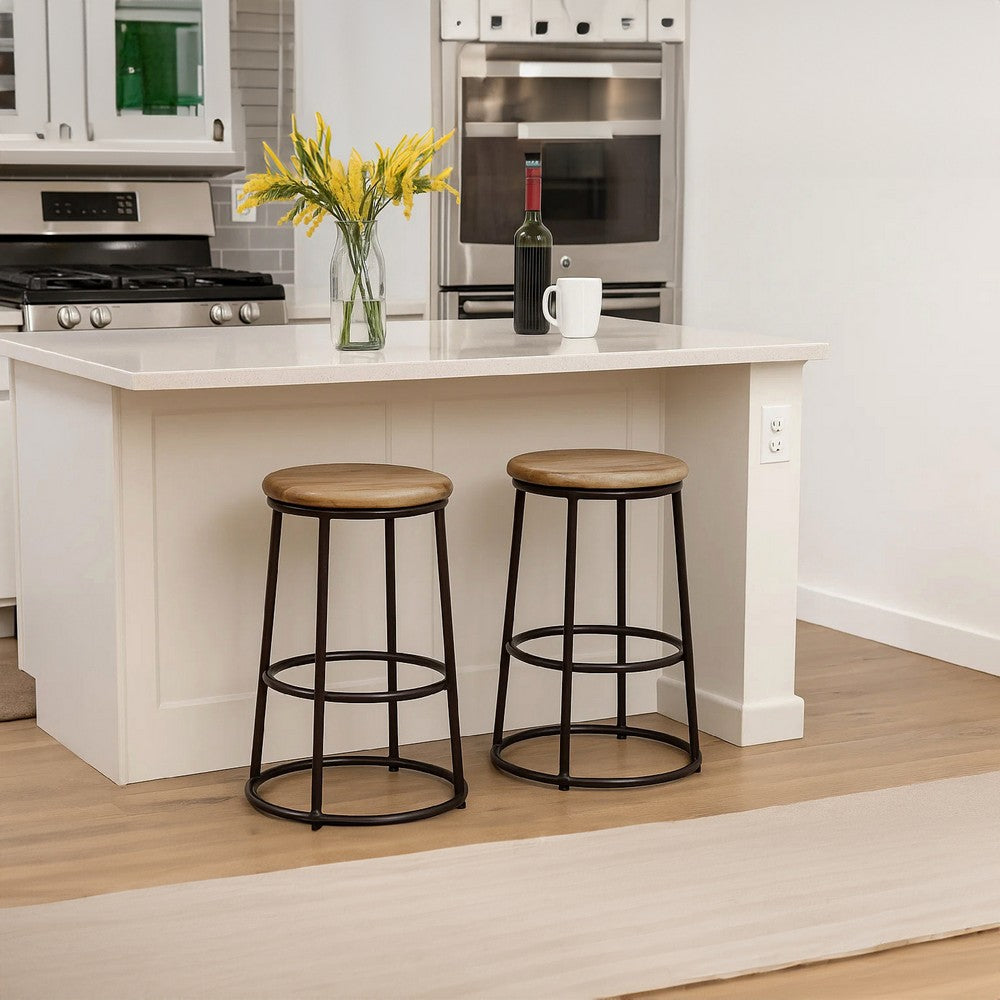 The Urban Port 24 Inch Mango Wood Counter Height Barstool With Iron Base, Brown And Black