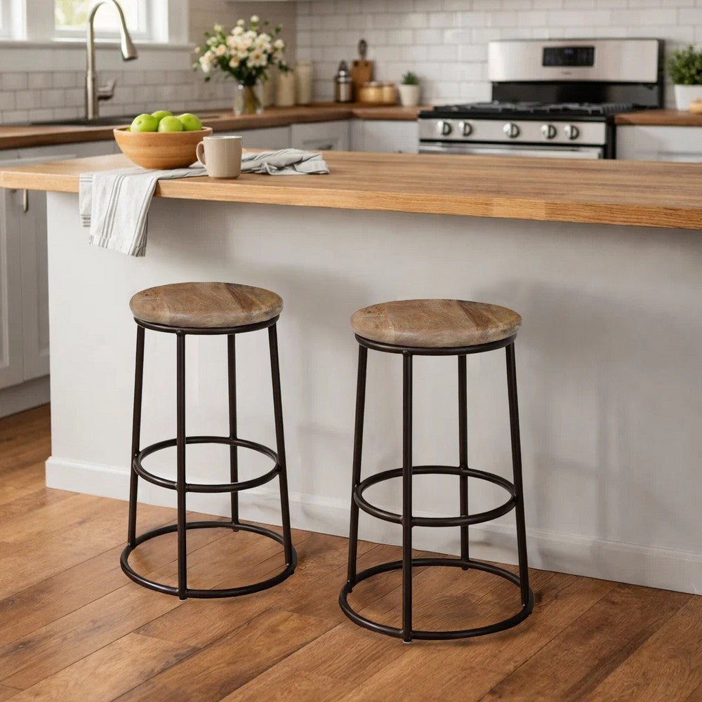 The Urban Port 24 Inch Mango Wood Counter Height Barstool With Iron Base, Brown And Black