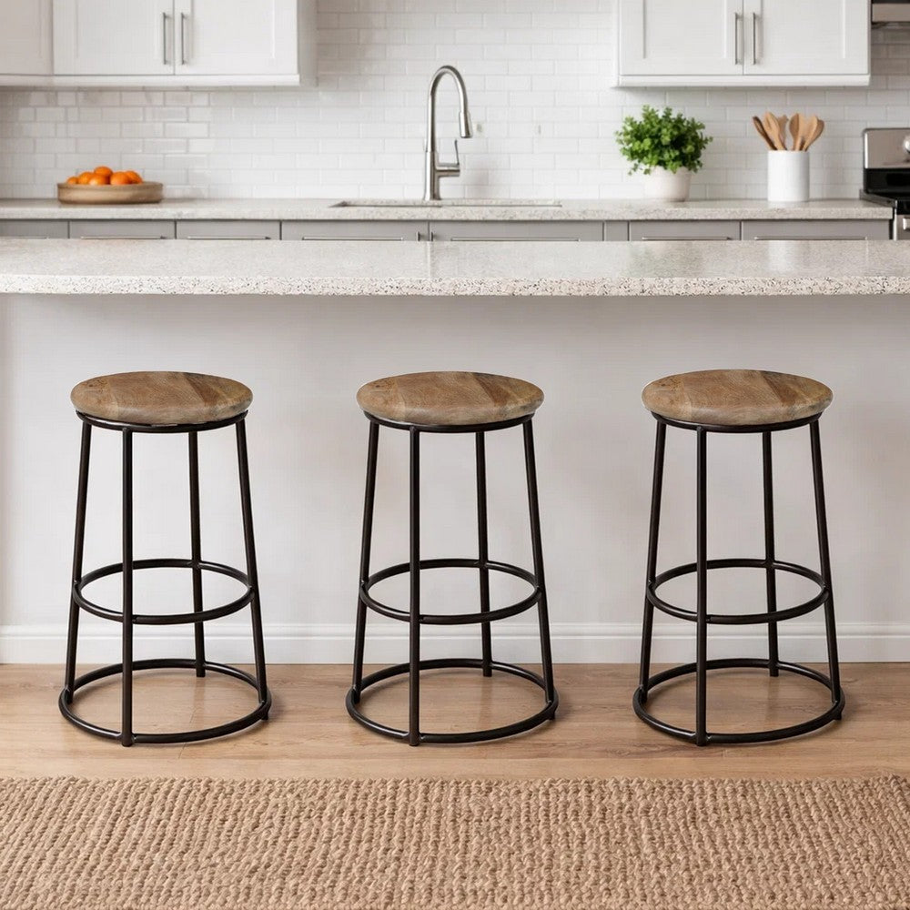 The Urban Port 24 Inch Mango Wood Counter Height Barstool With Iron Base, Brown And Black