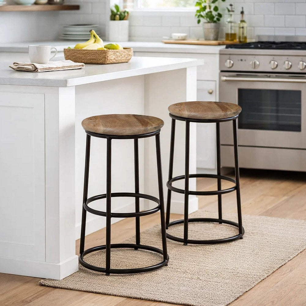 The Urban Port 24 Inch Mango Wood Counter Height Barstool With Iron Base, Brown And Black