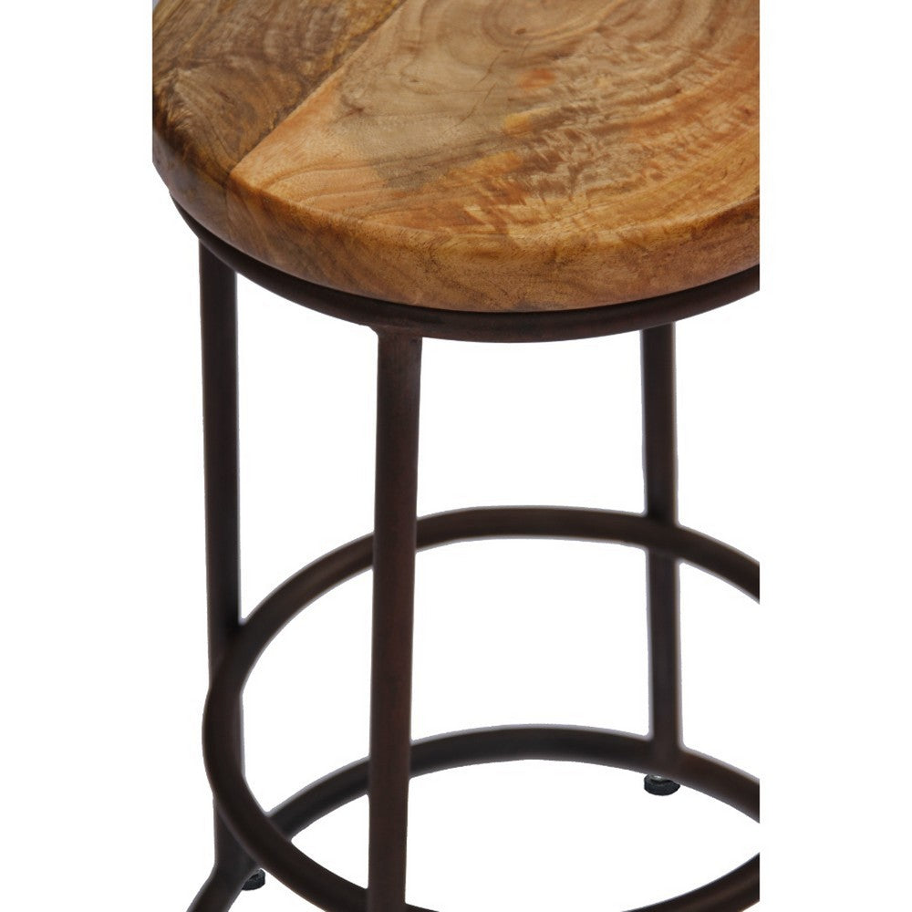 The Urban Port 24 Inch Mango Wood Counter Height Barstool With Iron Base, Brown And Black