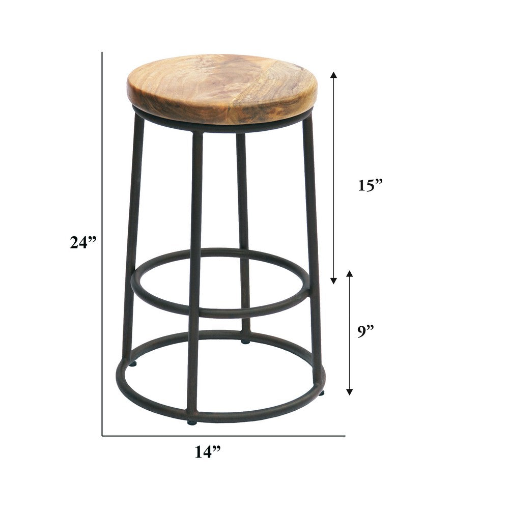 The Urban Port 24 Inch Mango Wood Counter Height Barstool With Iron Base, Brown And Black