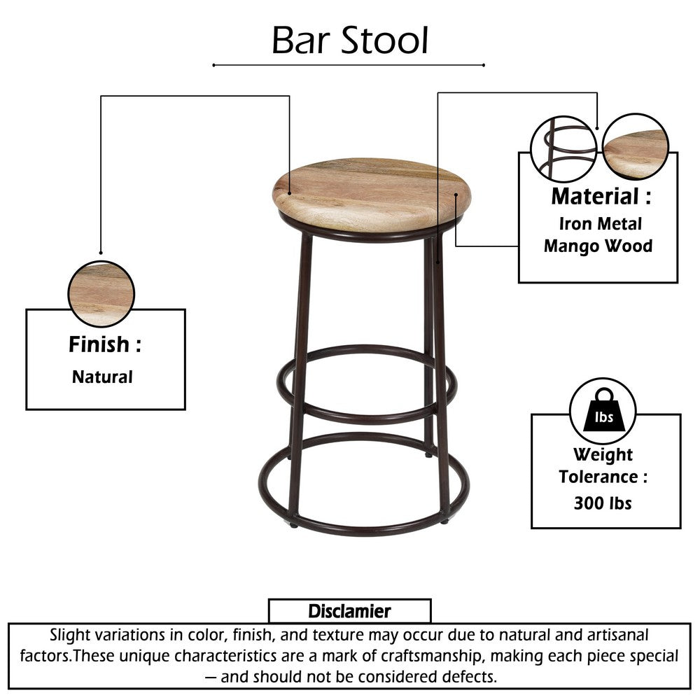 The Urban Port 24 Inch Mango Wood Counter Height Barstool With Iron Base, Brown And Black