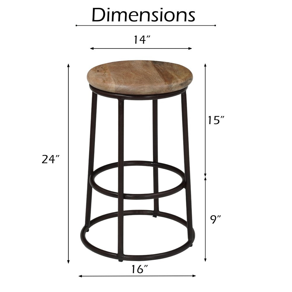 The Urban Port 24 Inch Mango Wood Counter Height Barstool With Iron Base, Brown And Black
