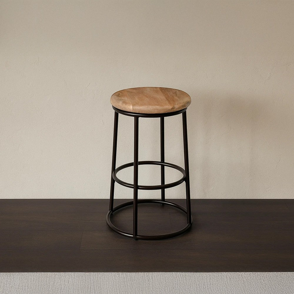 The Urban Port 24 Inch Mango Wood Counter Height Barstool With Iron Base, Brown And Black