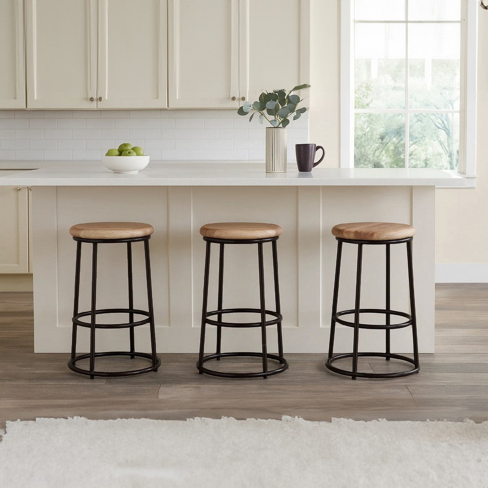 The Urban Port 24 Inch Mango Wood Counter Height Barstool With Iron Base, Brown And Black