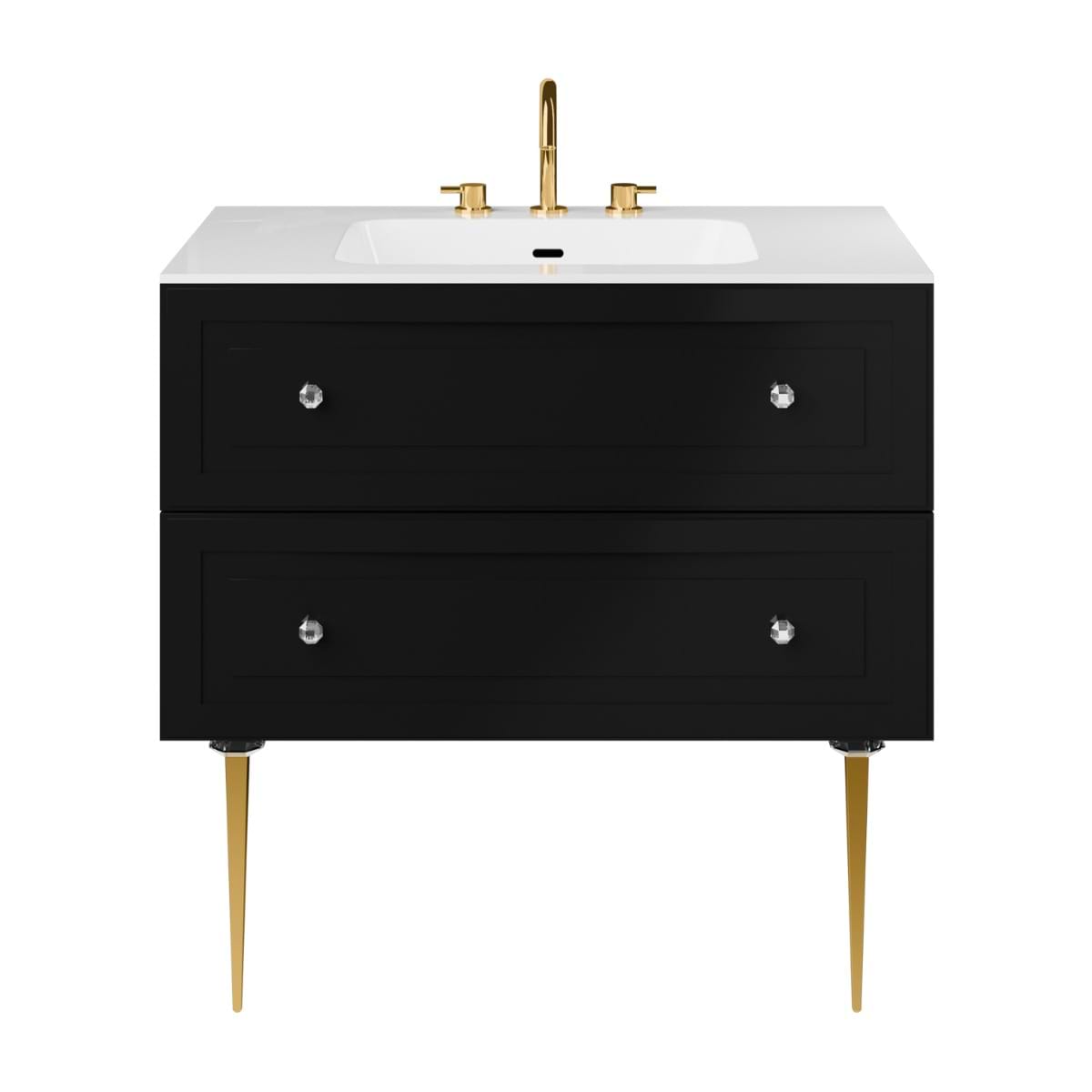 Soho Studio Alma Black 36" Single Vanity w/ Gold Legs & Knobs with Integrated White Solid Surface Top Black