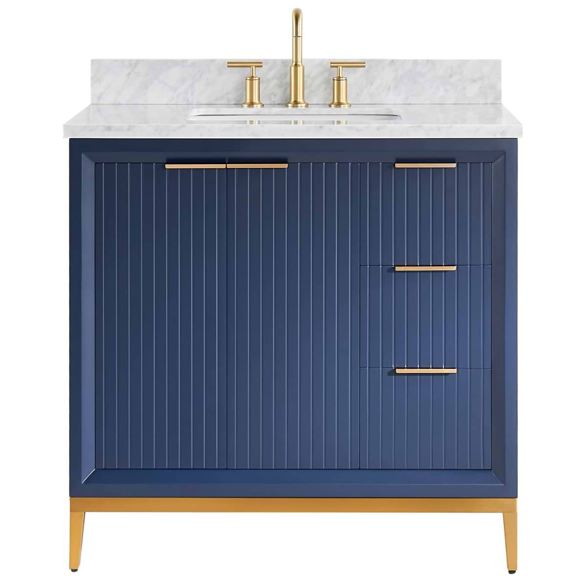 Soho Studio Bungalow Navy and Gold 36" Single Vanity with Carrara Marble Top Navy and Gold