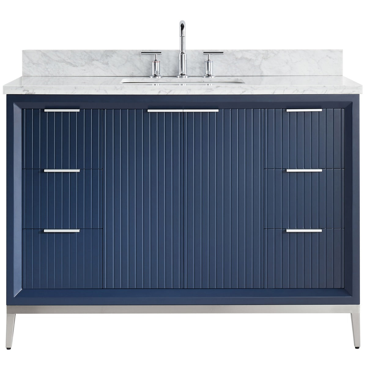 Soho Studio Bungalow Navy and Silver 48" Single Vanity with Carrara Marble Top Navy and Silver