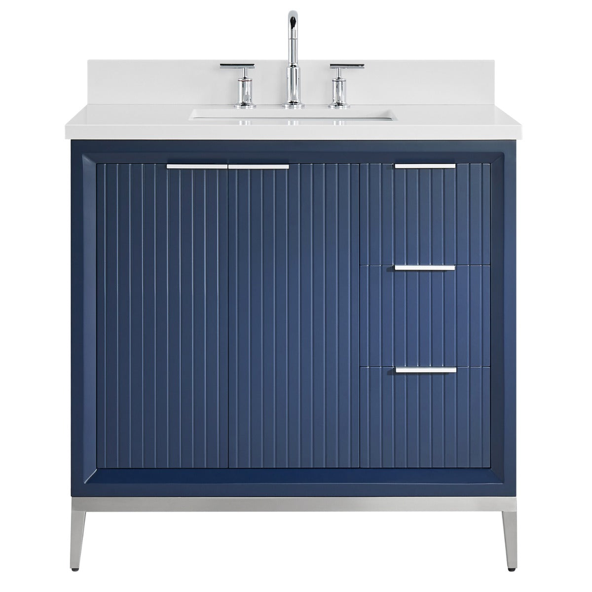 Soho Studio Bungalow Navy and Silver 36" Single Vanity with Pure White Quartz Top Navy and Silver