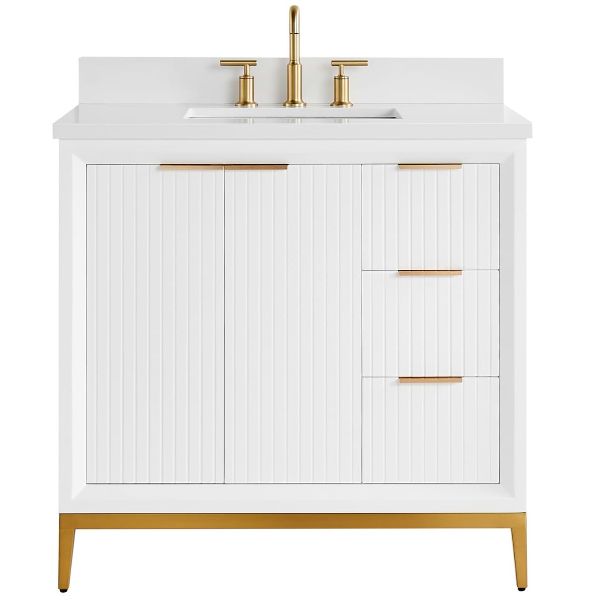 Soho Studio Bungalow White and Gold 36" Single Vanity with Pure White Quartz Top White and Gold