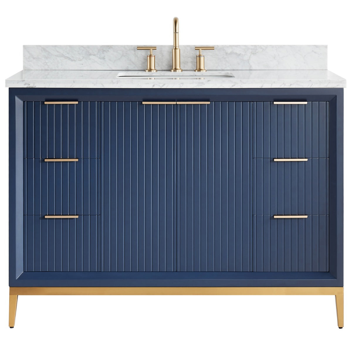 Soho Studio Bungalow Navy and Gold 48" Single Vanity with Carrara Marble Top Navy and Gold