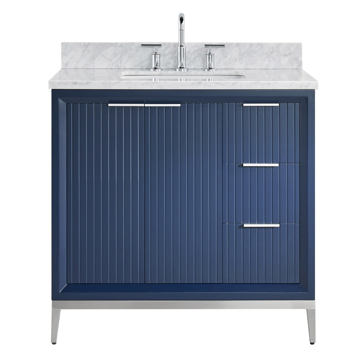 Soho Studio Bungalow Navy and Silver 36" Single Vanity with Carrara Marble Top Navy and Silver