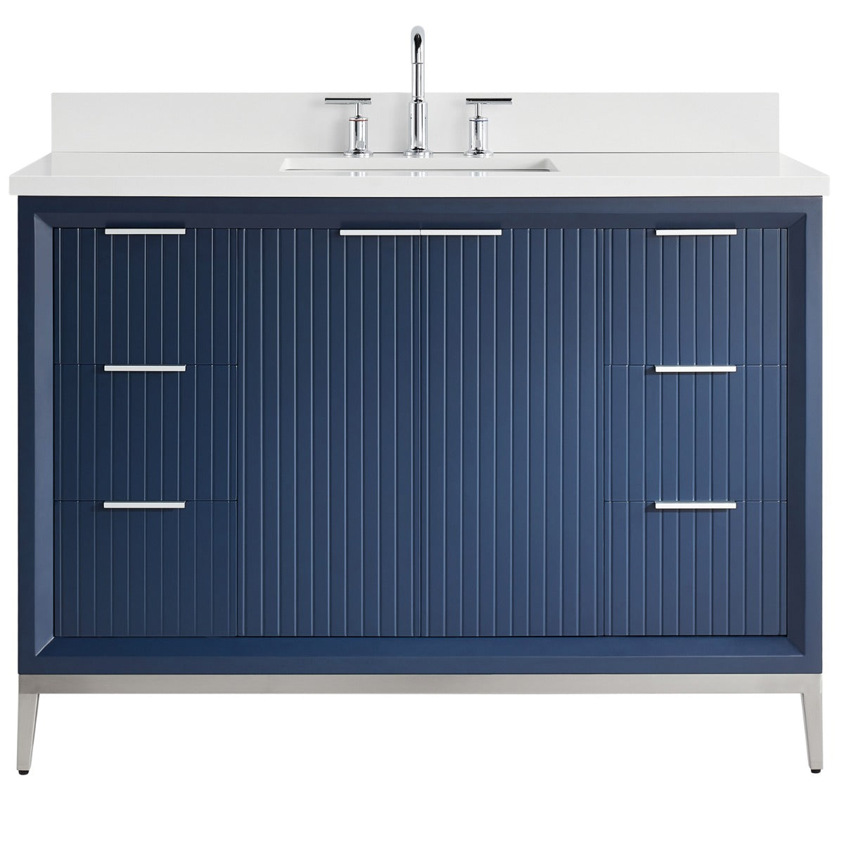 Soho Studio Bungalow Navy and Silver 48" Single Vanity with Pure White Quartz Top Navy and Silver
