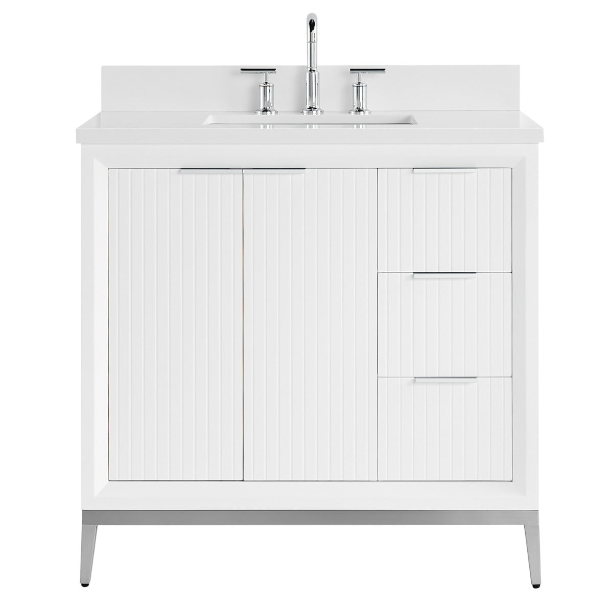 Soho Studio Bungalow White and Silver 36" Single Vanity with Pure White Quartz Top White and Silver