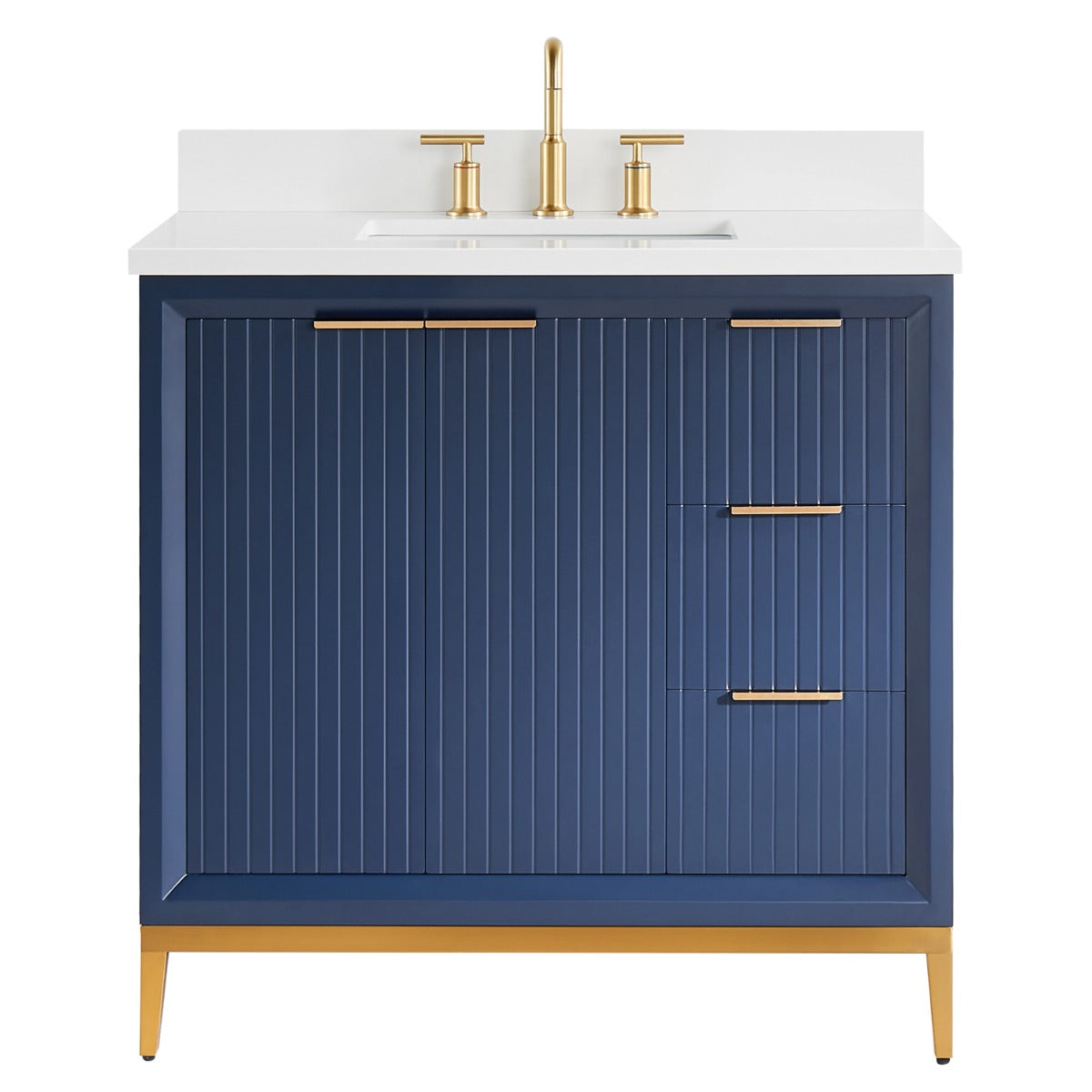 Soho Studio Bungalow Navy and Gold 36" Single Vanity with Pure White Quartz Top Navy and Gold